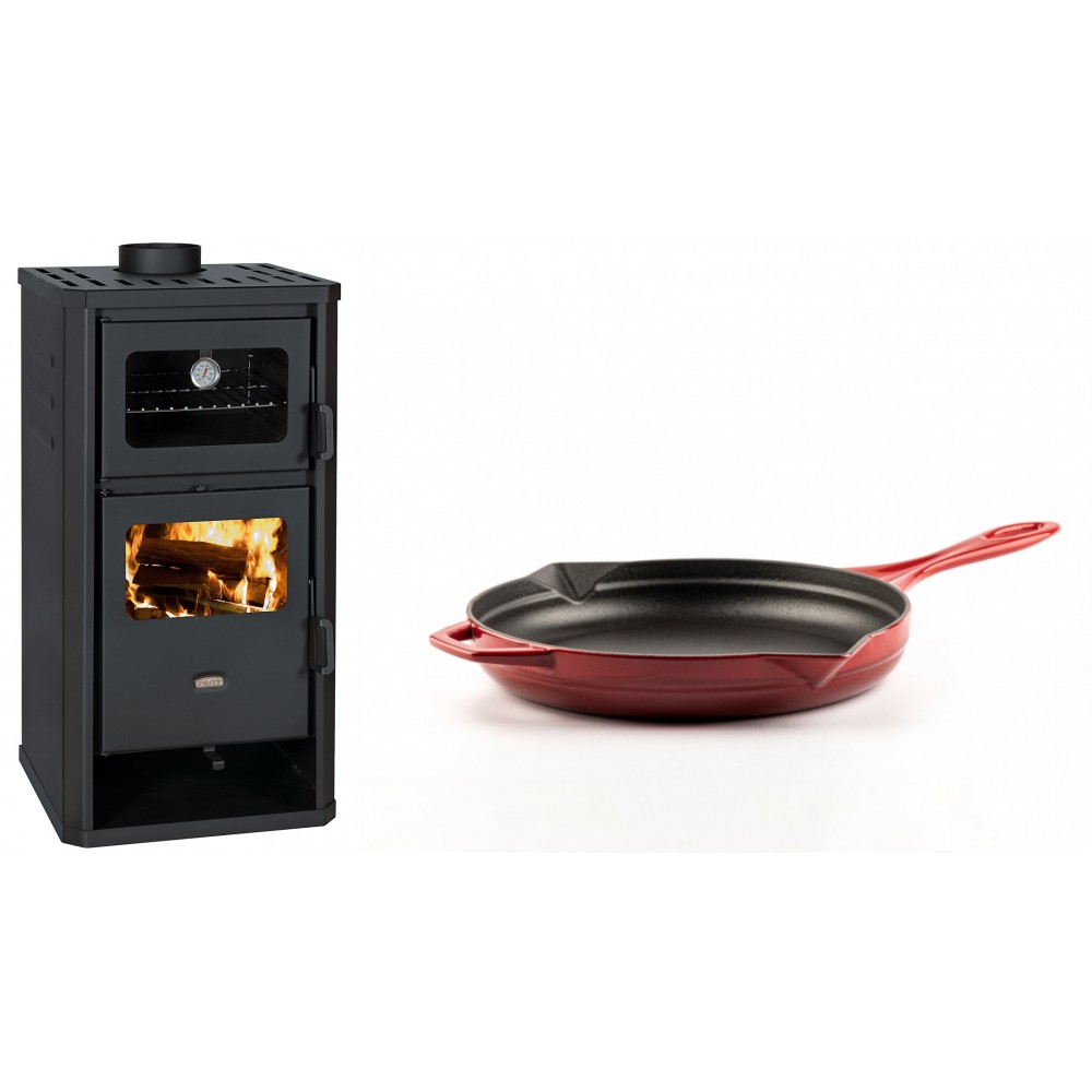 Set Kaminofen, Holzofen mit Backfach Prity, Modell FM D, Leistung 12.1kW + Emaillierte Gusseisenpfanne Solagio, Rubin, Ф24cm | Holzofen | Kaminofen |