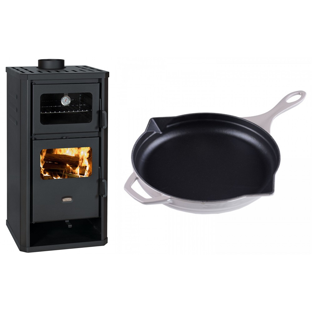 Set Kaminofen, Holzofen mit Backfach Prity, Modell FM D, Leistung 12.1kW + Emaillierte Gusseisenpfanne Solagio, Ivory, Ф28cm