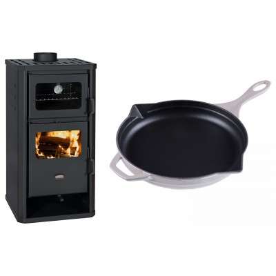 Set Kaminofen, Holzofen mit Backfach Prity, Modell FM D, Leistung 12.1kW + Emaillierte Gusseisenpfanne Solagio, Ivory, Ф28cm - Kaminofen - Holzofen mit Backfach