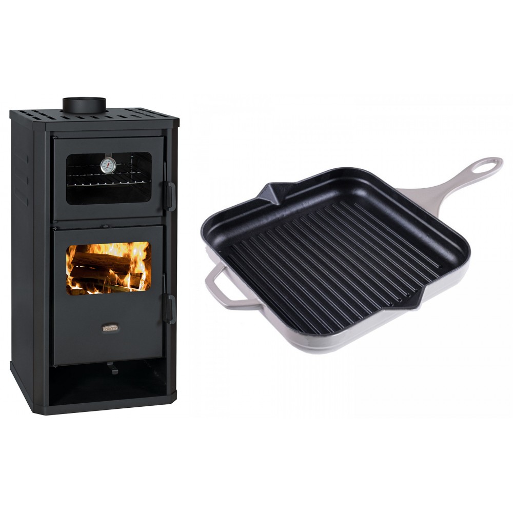 Set Kaminofen, Holzofen mit Backfach Prity, Modell FM D, Leistung 12.1kW + Emaillierte grillpfanne Gusseisen Solagio, Ivory, 28x28cm | Holzofen | Kaminofen |
