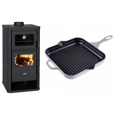 Set Kaminofen, Holzofen mit Backfach Prity, Modell FM D, Leistung 12.1kW + Emaillierte grillpfanne Gusseisen Solagio, Ivory, 28x28cm - Kaminofen - Holzofen mit Backfach