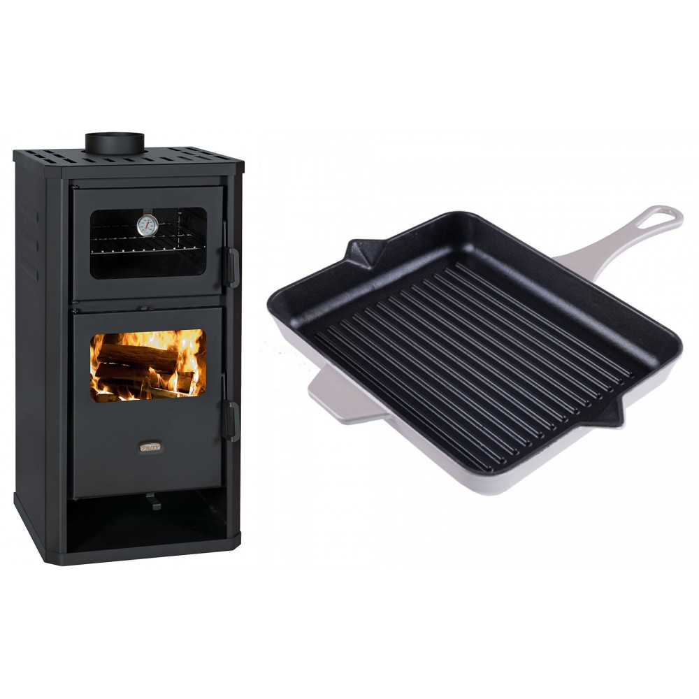 Set Kaminofen, Holzofen mit Backfach Prity, Modell FM D, Leistung 12.1kW + Emaillierte grillpfanne Gusseisen Solagio, Ivory, 26x32cm