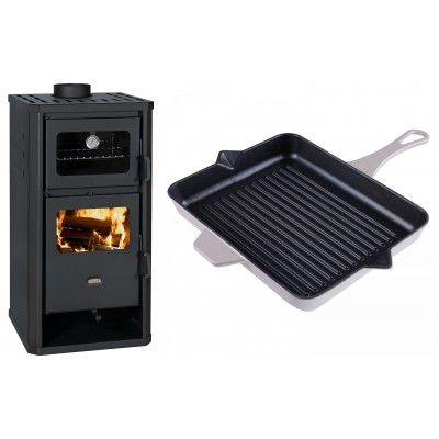 Set Kaminofen, Holzofen mit Backfach Prity, Modell FM D, Leistung 12.1kW + Emaillierte grillpfanne Gusseisen Solagio, Ivory, 26x32cm - Kaminofen - Holzofen mit Backfach