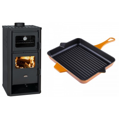 Set Kaminofen, Holzofen mit Backfach Prity, Modell FM D, Leistung 12.1kW + Emaillierte grillpfanne Gusseisen Solagio, Dijon, 26x32cm - Kaminofen - Holzofen mit Backfach