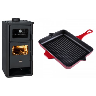 Set Kaminofen, Holzofen mit Backfach Prity, Modell FM D, Leistung 12.1kW + Emaillierte grillpfanne Gusseisen Solagio, Rubin, 26x32cm - Kaminofen - Holzofen mit Backfach