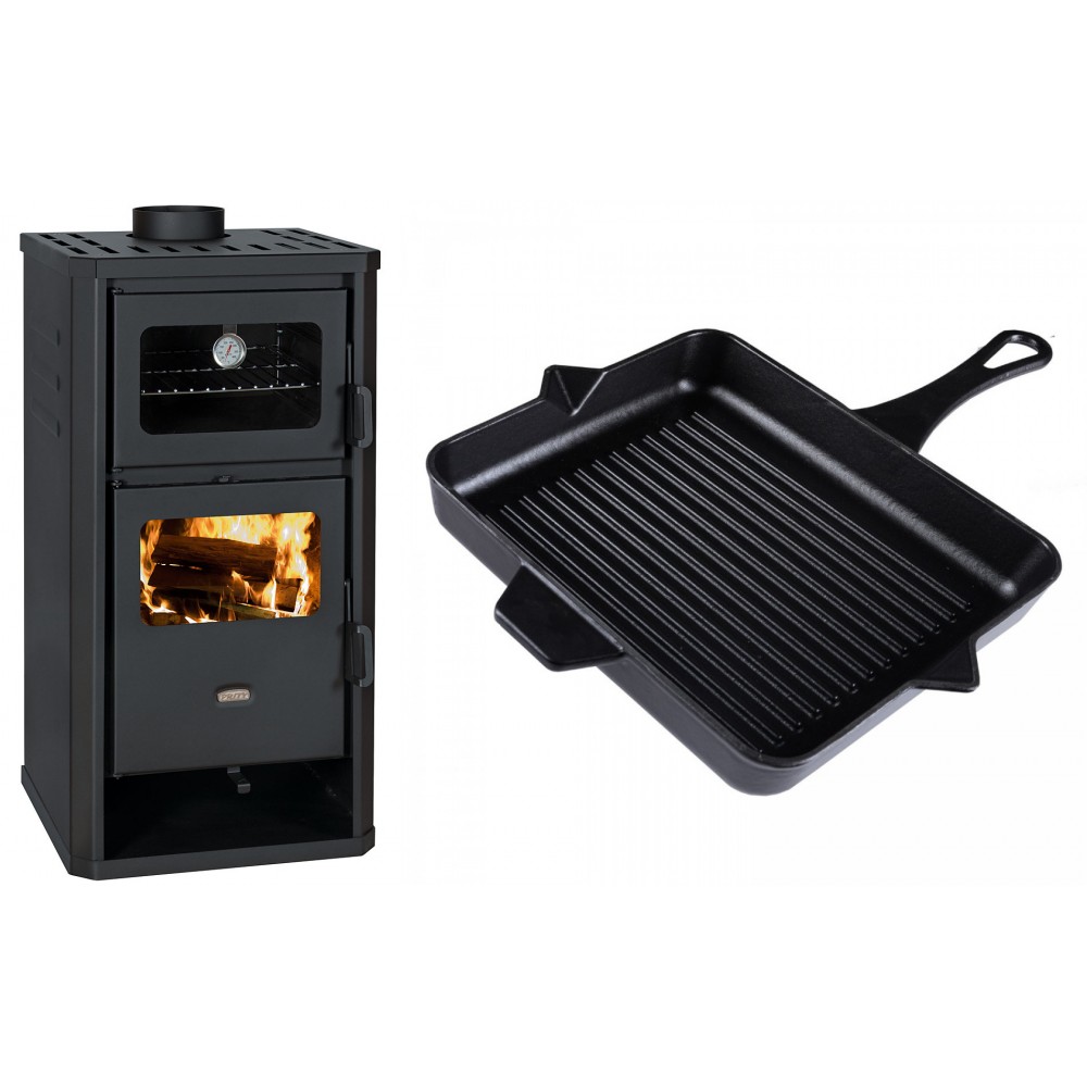 Set Kaminofen, Holzofen mit Backfach Prity, Modell FM D, Leistung 12.1kW + Emaillierte grillpfanne Gusseisen Solagio, Black Onyx, 26x32cm | Holzofen | Kaminofen |