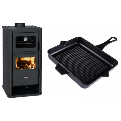 Set Kaminofen, Holzofen mit Backfach Prity, Modell FM D, Leistung 12.1kW + Emaillierte grillpfanne Gusseisen Solagio, Black Onyx, 26x32cm - Kaminofen - Holzofen mit Backfach