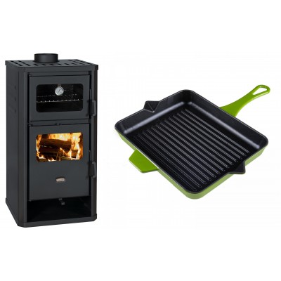 Set Kaminofen, Holzofen mit Backfach Prity, Modell FM D, Leistung 12.1kW + Emaillierte grillpfanne Gusseisen Solagio, Bamboo, 26x32cm - Kaminofen - Holzofen mit Backfach