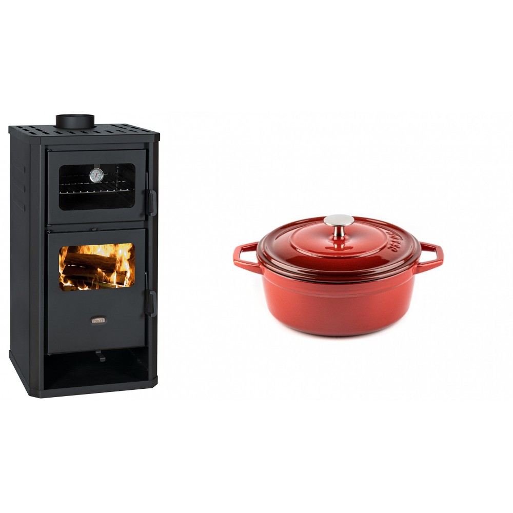 Set Kaminofen, Holzofen mit Backfach Prity, Modell FM D, Leistung 12.1kW + Gusseisen Topf Tiefer Solagio, Rubin, Ф12