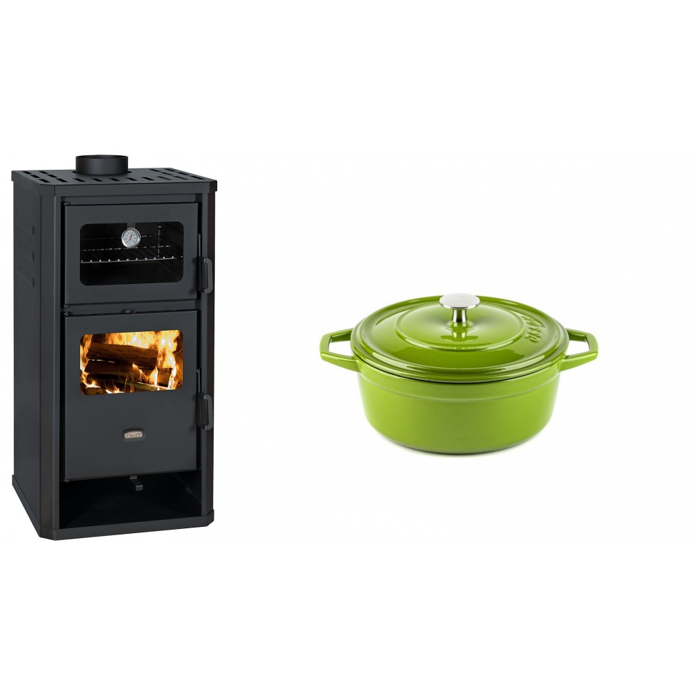 Set Kaminofen, Holzofen mit Backfach Prity, Modell FM D, Leistung 12.1kW + Gusseisen Topf Tiefer Solagio, Bamboo, Ф12