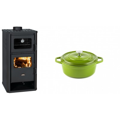 Set Kaminofen, Holzofen mit Backfach Prity, Modell FM D, Leistung 12.1kW + Gusseisen Topf Tiefer Solagio, Bamboo, Ф12 - Kaminofen - Holzofen mit Backfach