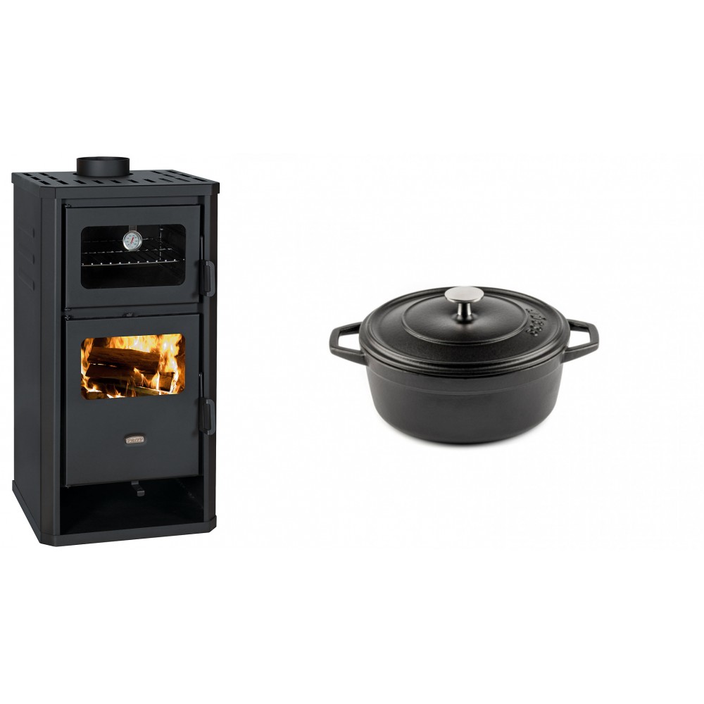Set Kaminofen, Holzofen mit Backfach Prity, Modell FM D, Leistung 12.1kW + Gusseisen Topf Tiefer Solagio, Black Onyx, Ф12 | Holzofen | Kaminofen |