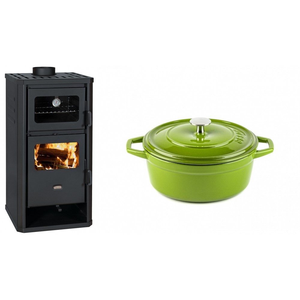 Set Kaminofen, Holzofen mit Backfach Prity, Modell FM D, Leistung 12.1kW + Gusseisen Topf Tiefer Solagio, Bamboo, Ф20