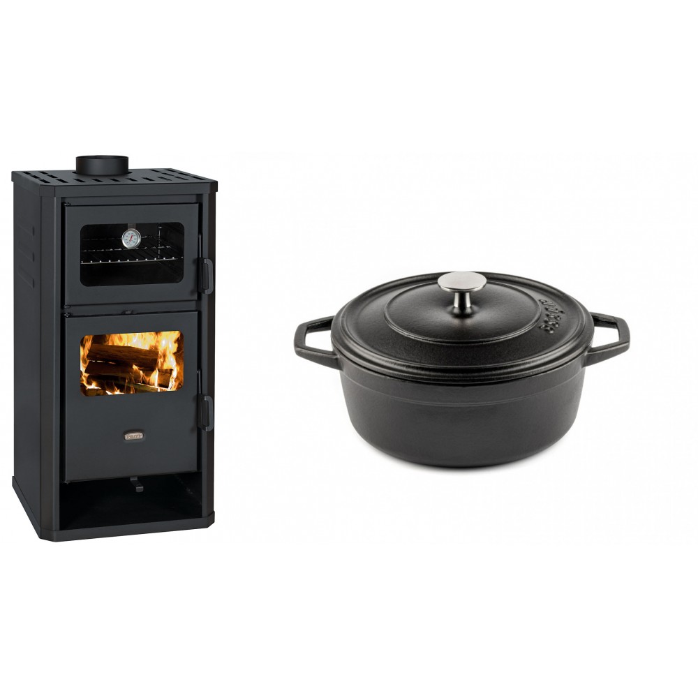 Set Kaminofen, Holzofen mit Backfach Prity, Modell FM D, Leistung 12.1kW + Gusseisen Topf Tiefer Solagio, Black Onyx, Ф20 | Holzofen | Kaminofen |