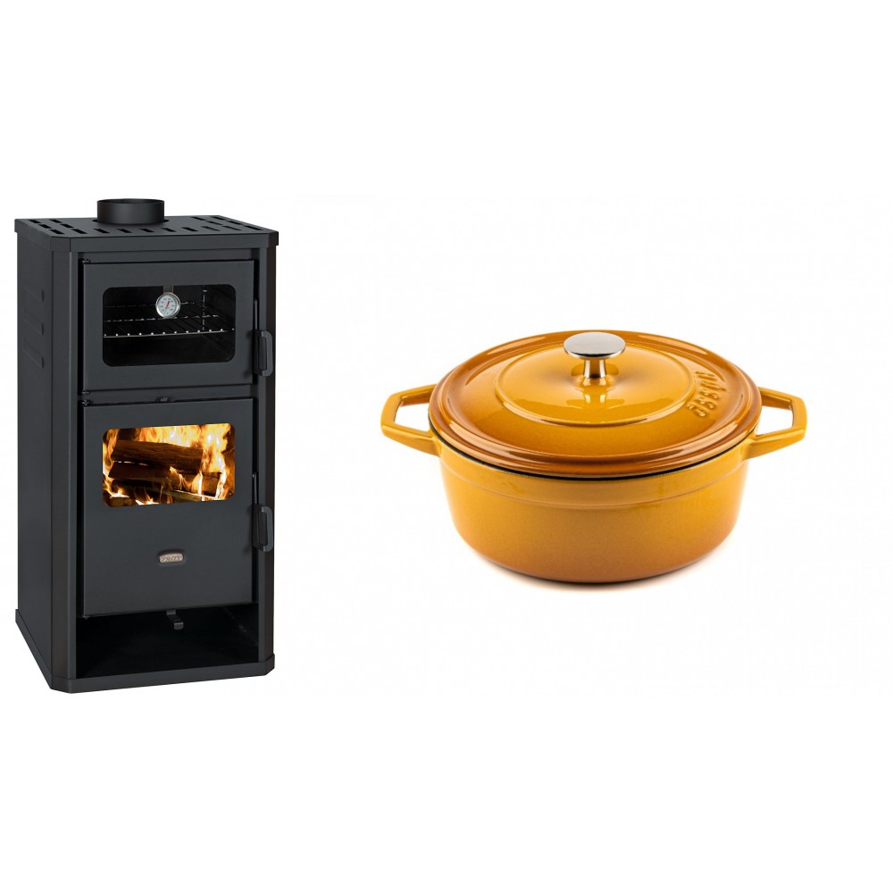 Set Kaminofen, Holzofen mit Backfach Prity, Modell FM D, Leistung 12.1kW + Gusseisen Topf Tiefer Solagio, Dijon, Ф20 | Holzofen | Kaminofen |