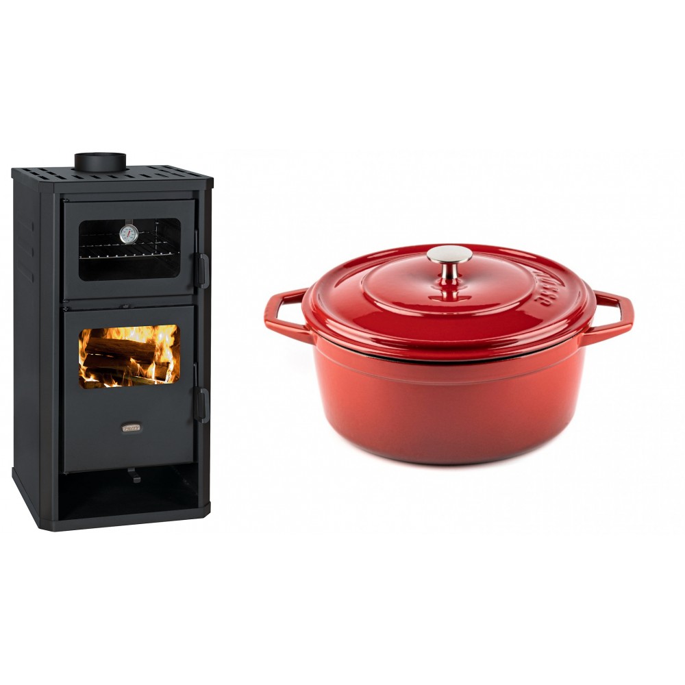 Set Kaminofen, Holzofen mit Backfach Prity, Modell FM D, Leistung 12.1kW + Gusseisen Topf Tiefer Solagio, Rubin, Ф24
