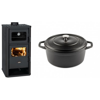 Set Kaminofen, Holzofen mit Backfach Prity, Modell FM D, Leistung 12.1kW + Gusseisen Topf Tiefer Solagio, Black Onyx, Ф24 - Kaminofen - Holzofen mit Backfach