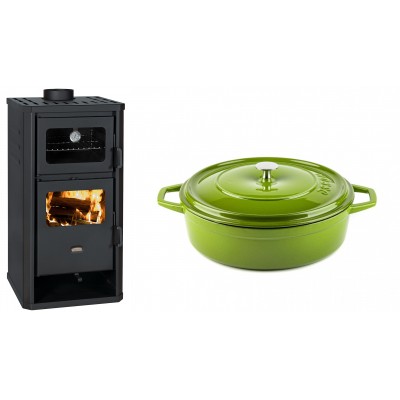 Set Kaminofen, Holzofen mit Backfach Prity, Modell FM D, Leistung 12.1kW + Gusseisen Topf Flach Solagio, Bamboo, Ф26 - Kaminofen - Holzofen mit Backfach