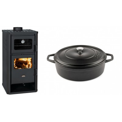 Set Kaminofen, Holzofen mit Backfach Prity, Modell FM D, Leistung 12.1kW + Gusseisen Topf Flach Solagio, Black Onyx, Ф26 - Kaminofen - Holzofen mit Backfach