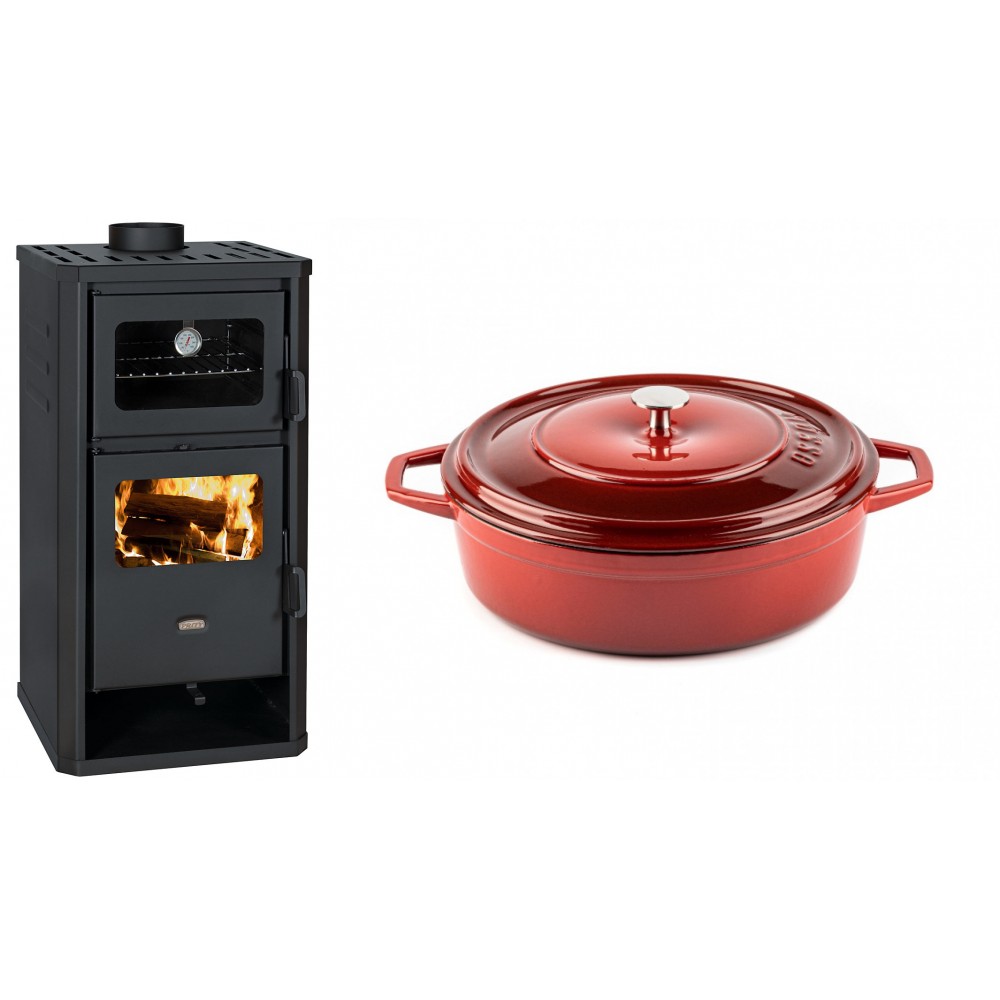 Set Kaminofen, Holzofen mit Backfach Prity, Modell FM D, Leistung 12.1kW + Gusseisen Topf Flach Solagio, Rubin, Ф26