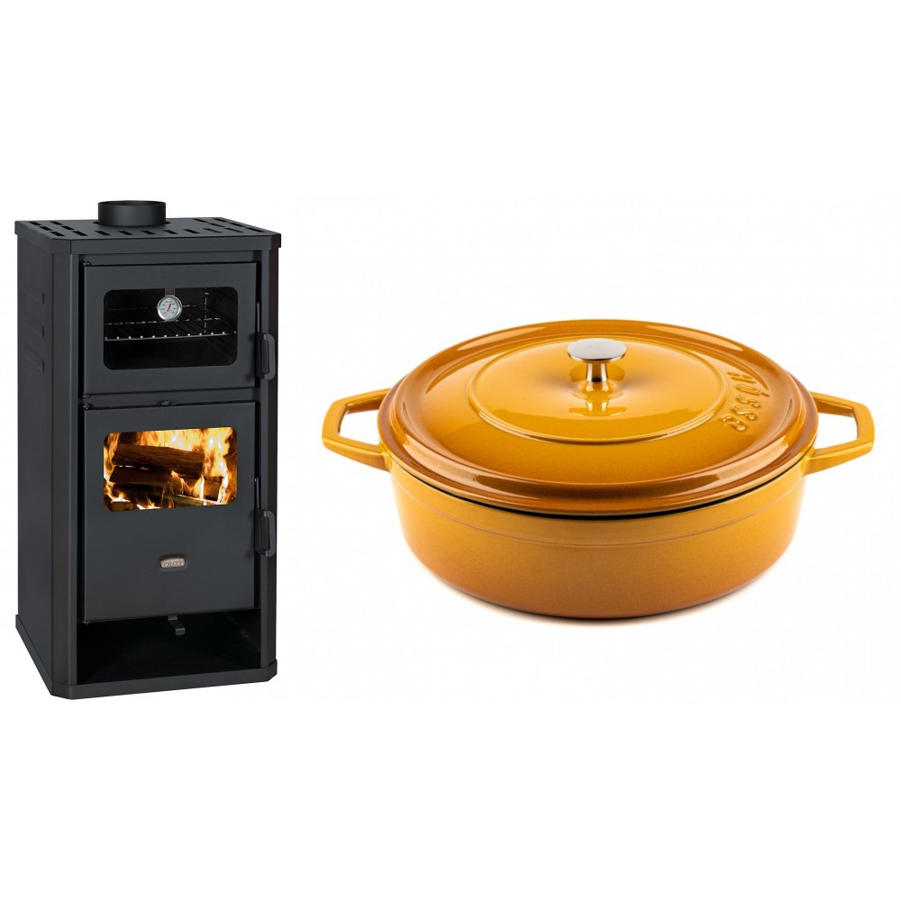 Set Kaminofen, Holzofen mit Backfach Prity, Modell FM D, Leistung 12.1kW + Gusseisen Topf Flach Solagio, Dijon, Ф28