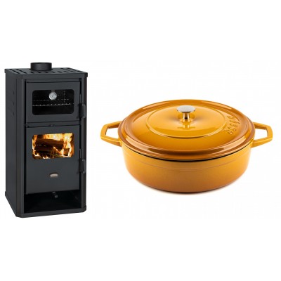 Set Kaminofen, Holzofen mit Backfach Prity, Modell FM D, Leistung 12.1kW + Gusseisen Topf Flach Solagio, Dijon, Ф28 - Kaminofen - Holzofen mit Backfach