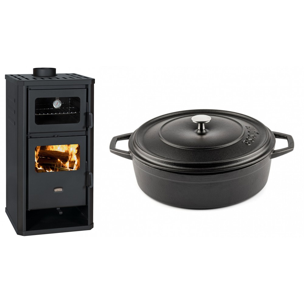 Set Kaminofen, Holzofen mit Backfach Prity, Modell FM D, Leistung 12.1kW + Gusseisen Topf Flach Solagio, Black Onyx, Ф28