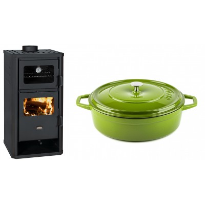 Set Kaminofen, Holzofen mit Backfach Prity, Modell FM D, Leistung 12.1kW + Gusseisen Topf Flach Solagio, Bamboo, Ф28 - Kaminofen - Holzofen mit Backfach