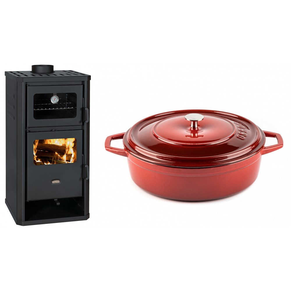 Set Kaminofen, Holzofen mit Backfach Prity, Modell FM D, Leistung 12.1kW + Gusseisen Topf Flach Solagio, Rubin, Ф28