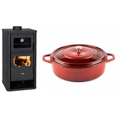 Set Kaminofen, Holzofen mit Backfach Prity, Modell FM D, Leistung 12.1kW + Gusseisen Topf Flach Solagio, Rubin, Ф28 - Kaminofen - Holzofen mit Backfach