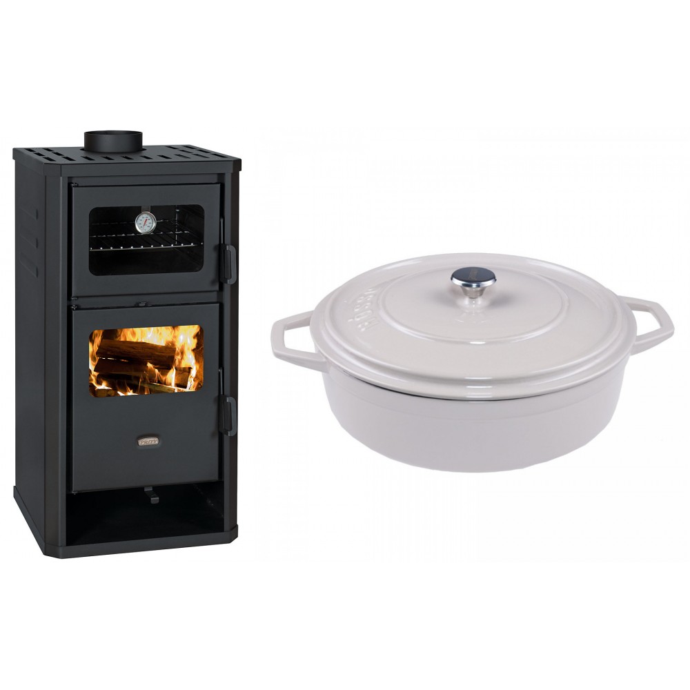 Set Kaminofen, Holzofen mit Backfach Prity, Modell FM D, Leistung 12.1kW + Gusseisen Topf Flach Solagio, Ivory, Ф28