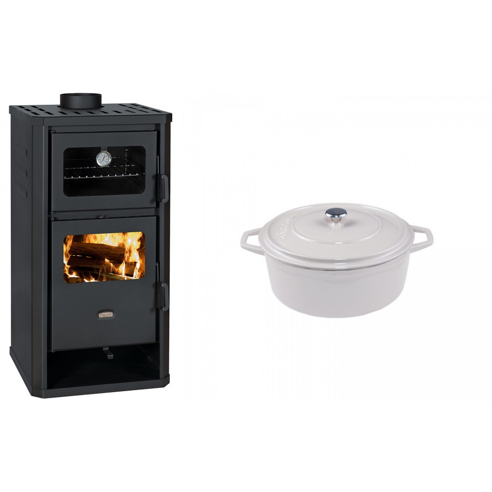 Set Kaminofen, Holzofen mit Backfach Prity, Modell FM D, Leistung 12.1kW + Gusseisen Topf Tiefer Solagio, Ivory, Ф12