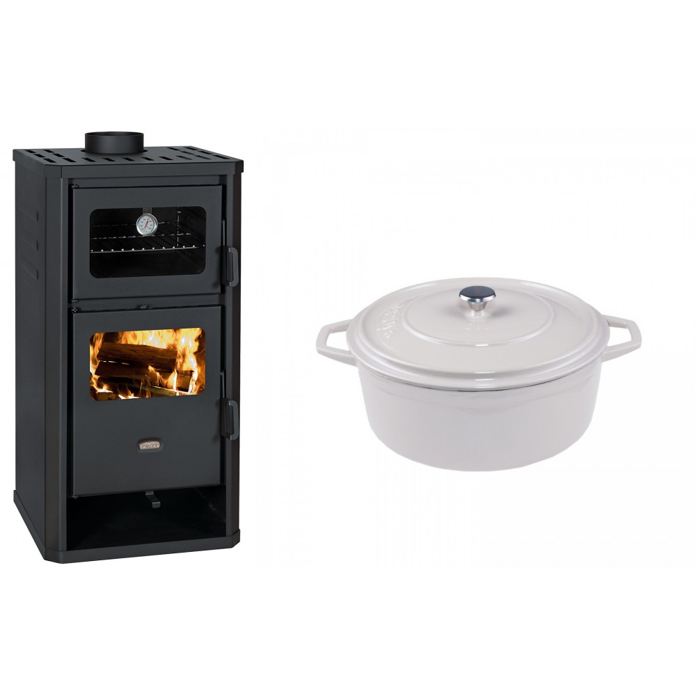 Set Kaminofen, Holzofen mit Backfach Prity, Modell FM D, Leistung 12.1kW + Gusseisen Topf Tiefer Solagio, Ivory, Ф20