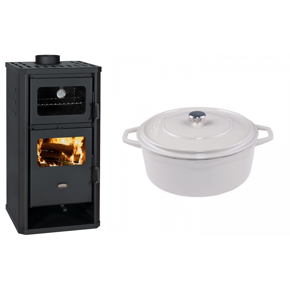 Set Kaminofen, Holzofen mit Backfach Prity, Modell FM D, Leistung 12.1kW + Gusseisen Topf Tiefer Solagio, Ivory, Ф24