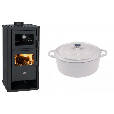 Set Kaminofen, Holzofen mit Backfach Prity, Modell FM D, Leistung 12.1kW + Gusseisen Topf Tiefer Solagio, Ivory, Ф24 - Kaminofen - Holzofen mit Backfach