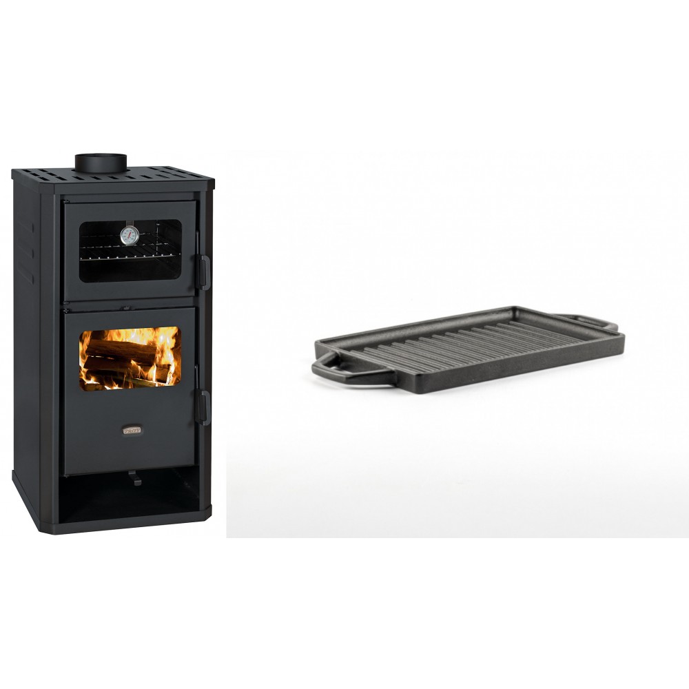 Set Kaminofen, Holzofen mit Backfach Prity, Modell FM D, Leistung 12.1kW + Mini-Grillplatte aus Gusseisen Solagio, 15.5x22.5cm