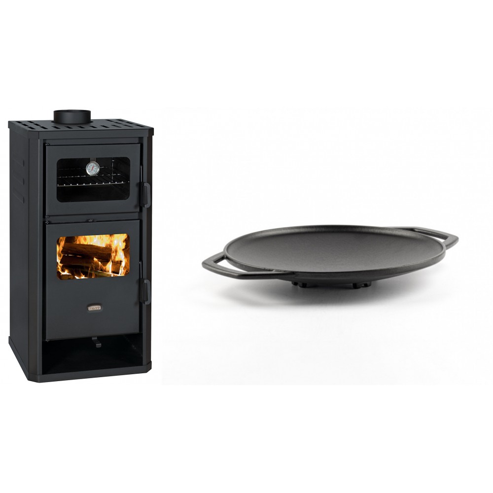 Set Kaminofen, Holzofen mit Backfach Prity, Modell FM D, Leistung 12.1kW + Backplatte aus Gusseisen Solagio, Ф28cm