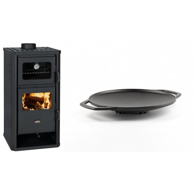 Set Kaminofen, Holzofen mit Backfach Prity, Modell FM D, Leistung 12.1kW + Backplatte aus Gusseisen Solagio, Ф28cm - Kaminofen - Holzofen mit Backfach