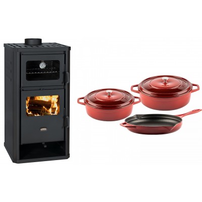 Set Kaminofen, Holzofen mit Backfach Prity, Modell FM D, Leistung 12.1kW + Gusseisen Topf Set aus 3 teilen Solagio, Rubin - Kaminofen - Holzofen mit Backfach