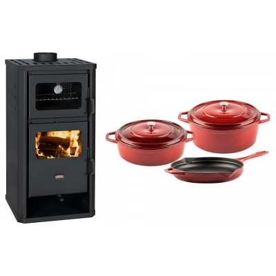 Set Kaminofen, Holzofen mit Backfach Prity, Modell FM D, Leistung 12.1kW + Gusseisen Topf Set aus 3 teilen Solagio, Rubin - Kaminofen - Holzofen mit Backfach