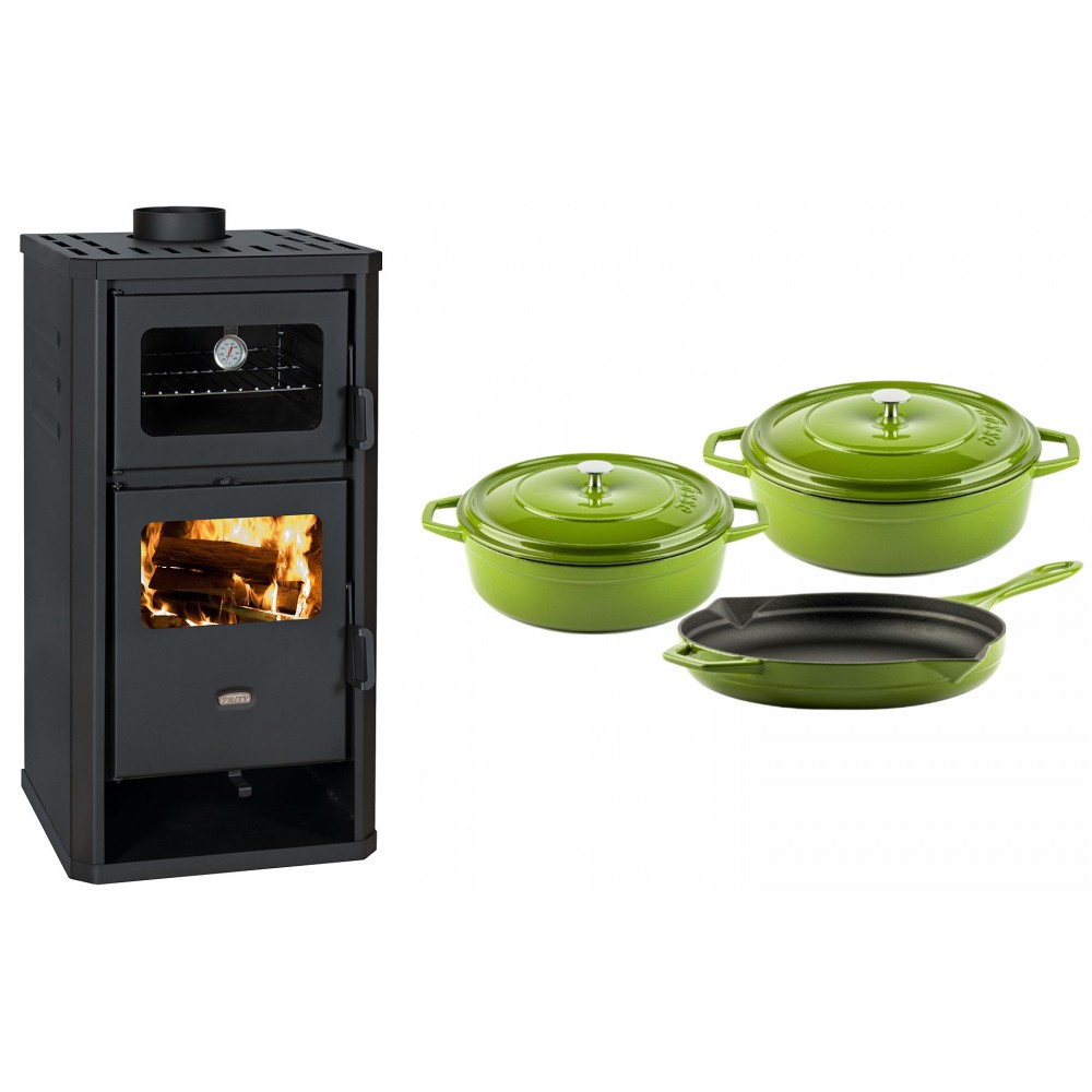 Set Kaminofen, Holzofen mit Backfach Prity, Modell FM D, Leistung 12.1kW + Gusseisen Topf Set aus 3 teilen Solagio, Bamboo | Holzofen | Kaminofen |