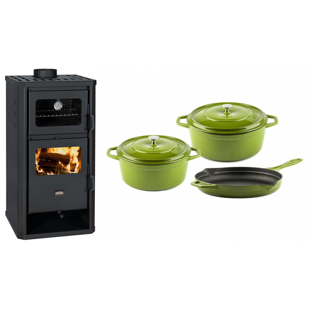 Set Kaminofen, Holzofen mit Backfach Prity, Modell FM D, Leistung 12.1kW + Gusseisen Topf Set aus 3 teilen Solagio, Bamboo | Holzofen | Kaminofen |