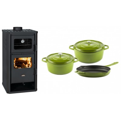 Set Kaminofen, Holzofen mit Backfach Prity, Modell FM D, Leistung 12.1kW + Gusseisen Topf Set aus 3 teilen Solagio, Bamboo - Kaminofen - Holzofen mit Backfach