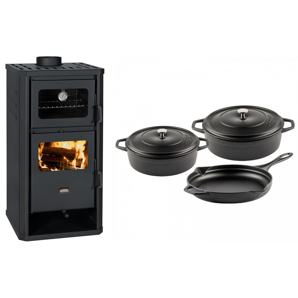 Set Kaminofen, Holzofen mit Backfach Prity, Modell FM D, Leistung 12.1kW + Gusseisen Topf Set aus 3 teilen Solagio, Black Onyx