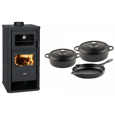 Set Kaminofen, Holzofen mit Backfach Prity, Modell FM D, Leistung 12.1kW + Gusseisen Topf Set aus 3 teilen Solagio, Black Onyx - Kaminofen - Holzofen mit Backfach