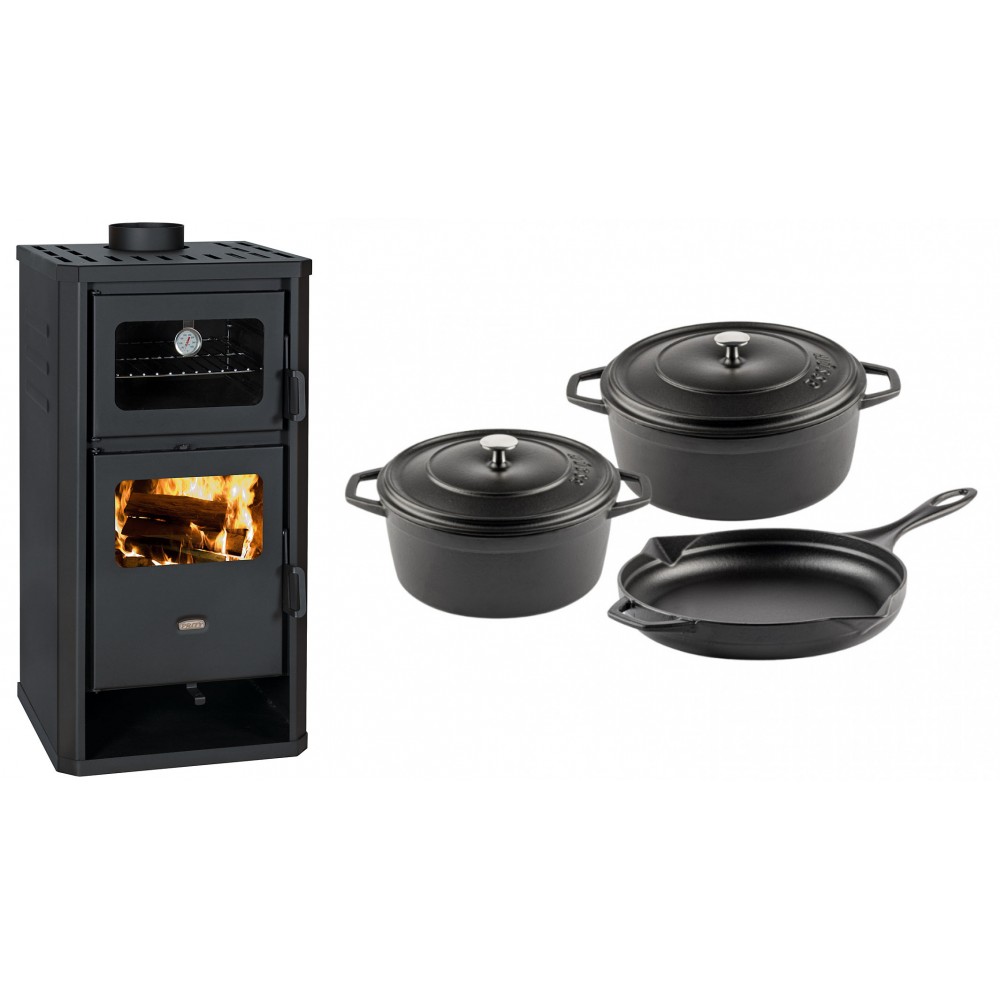 Set Kaminofen, Holzofen mit Backfach Prity, Modell FM D, Leistung 12.1kW + Gusseisen Topf Set aus 3 teilen Solagio, Black Onyx | Holzofen | Kaminofen |