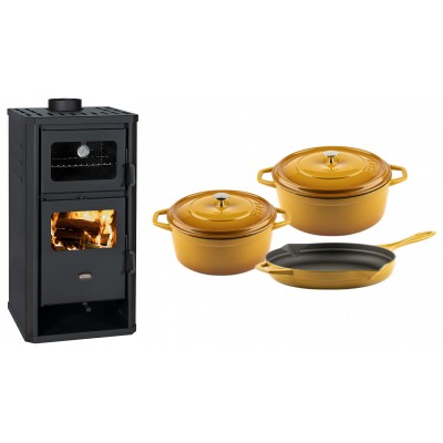 Set Kaminofen, Holzofen mit Backfach Prity, Modell FM D, Leistung 12.1kW + Gusseisen Topf Set aus 3 teilen Solagio, Dijon - Kaminofen - Holzofen mit Backfach