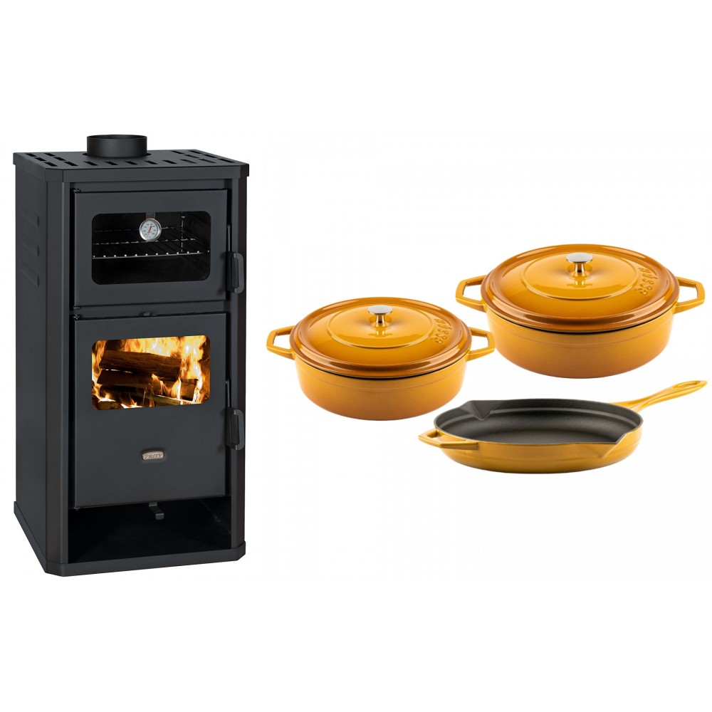 Set Kaminofen, Holzofen mit Backfach Prity, Modell FM D, Leistung 12.1kW + Gusseisen Topf Set aus 3 teilen Solagio, Dijon