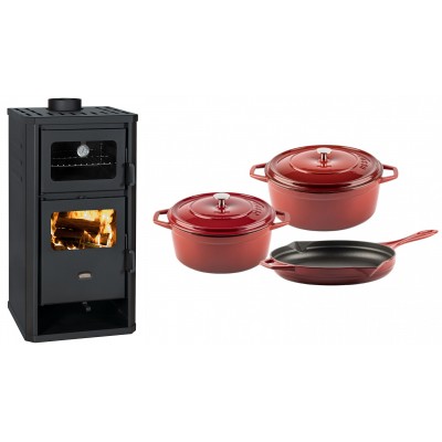 Set Kaminofen, Holzofen mit Backfach Prity, Modell FM D, Leistung 12.1kW + Gusseisen Topf Set aus 3 teilen Solagio, Rubin - Kaminofen - Holzofen mit Backfach