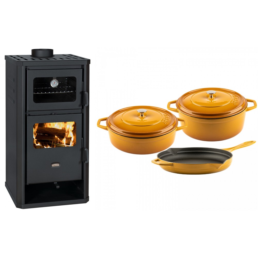 Set Kaminofen, Holzofen mit Backfach Prity, Modell FM D, Leistung 12.1kW + Gusseisen Topf Set aus 3 teilen Solagio, Dijon